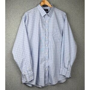 Nordstrom Mens Shop Smart Care Classic Fit Dress Shirt Blue Check 17.5 35 Cotton